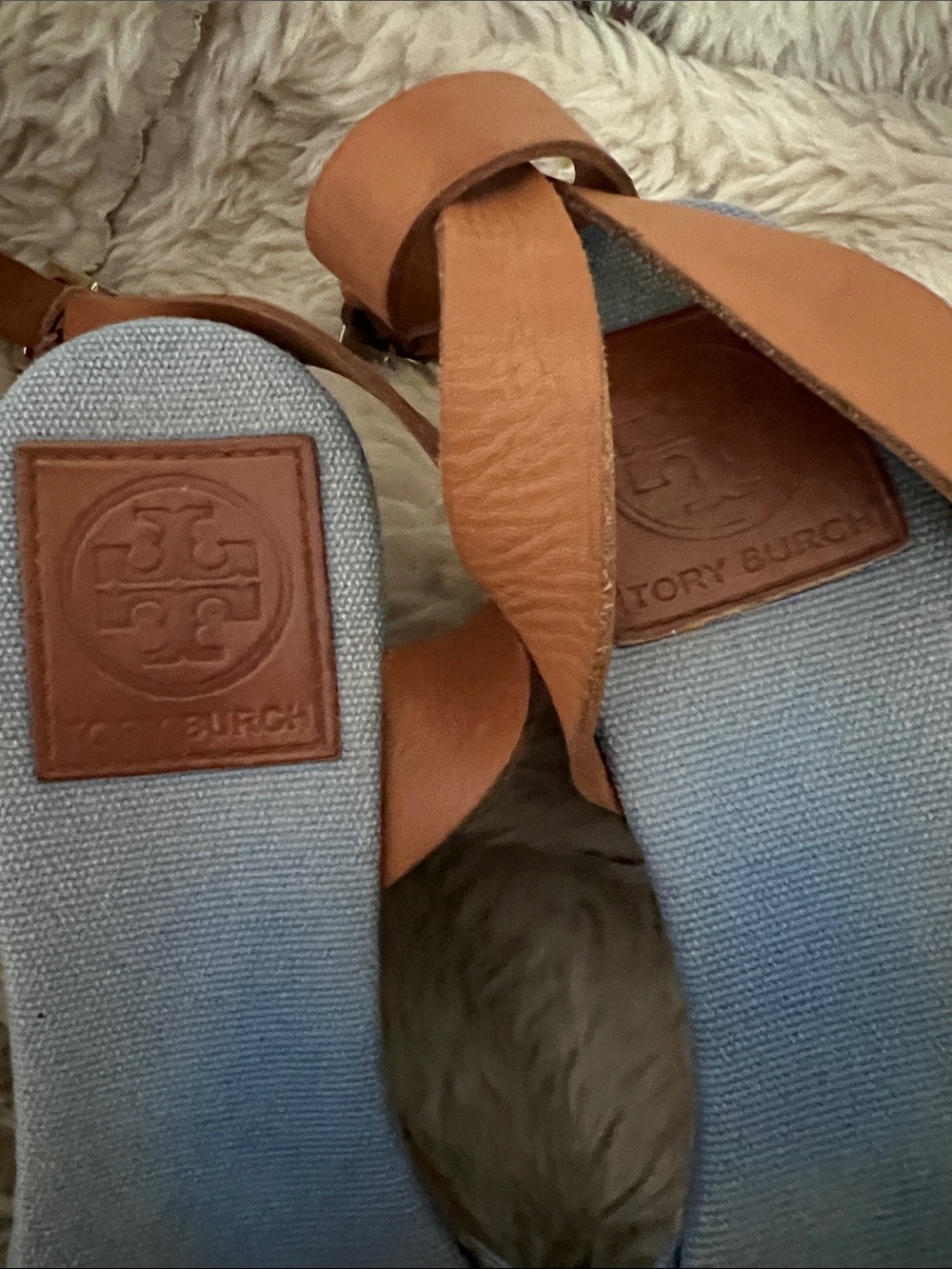Tory Burch Blue Fabric Espadrille Wedge Sandals with Tan Straps - Picture 5 of 9